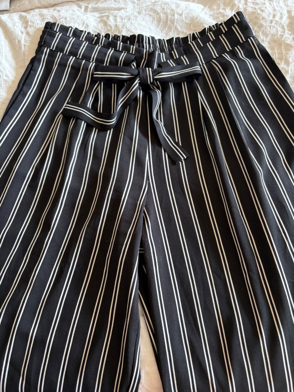 DR2 Black Wide-Leg Pinstripe Tie-Waist Pants